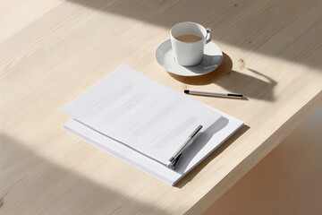 Minimalist resume mockup with coffee cup on bright desk, perfect for professional CV presentation in a clean and modern style. High-quality paper texture.