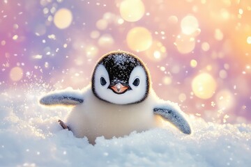 Obraz premium A cute baby penguin sliding on ice, surrounded by colorful snowflakes and a bright sky