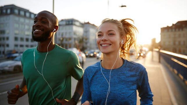 People jogging together on city street at sunrise, wearing earbuds