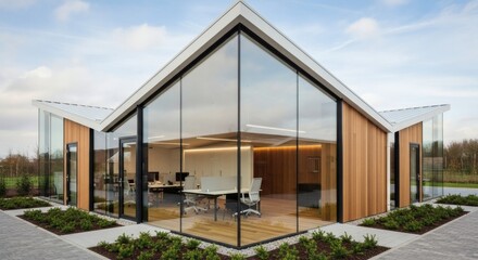 Modern office building with a prominent glass corner facade, wooden cladding, and landscaped gardens.