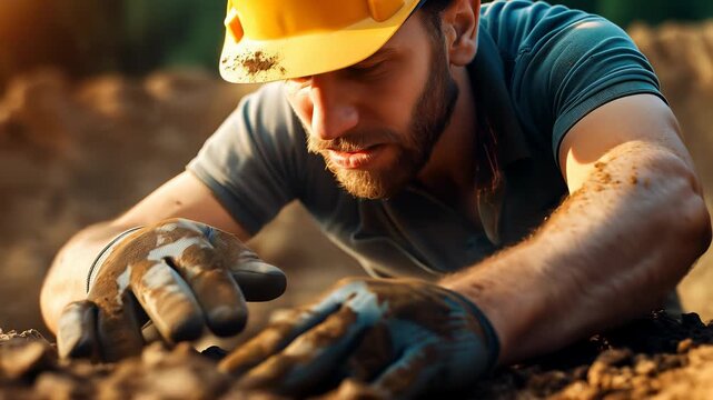 An impactful image showcasing a focused construction worker digging into the ground, symbolizing hard work, dedication, and the construction of a better future.