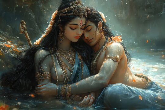 A depiction of Parvati comforting Shiv during a moment of contemplation, showcasing their support for each other
