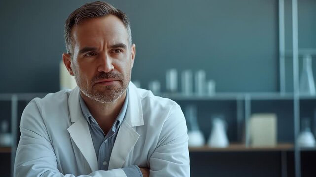 A focused male researcher dressed in a lab coat looks intently at the camera, embodying professionalism and dedication in a contemporary laboratory environment.