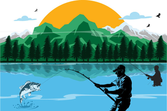 Grandpa caught a big fish and fought it happily.Fly fisherman fishing. Vector