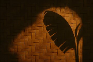 Shadow of Old Banana Leaves Piercing Through Bamboo Woven Wall in a Traditional Kitchen at Sunset_2