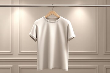 Clean white t-shirt mockup on a hanger with elegant wall and spotlights.