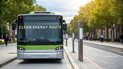 Fototapeta premium Clean energy bus on a city street with trees and pedestrians in the background.