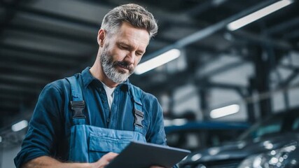 Automotive Mechanic at Work: A skilled auto mechanic, focused and dedicated, is meticulously examining a digital tablet. The setting suggests a professional workshop.