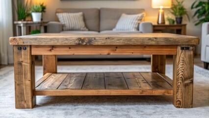 Rustic wooden coffee table in a cozy living room setting with plants and soft furnishings.