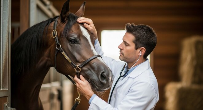 veterinary health check veterinarian examines horse during checkup - Powered by Adobe