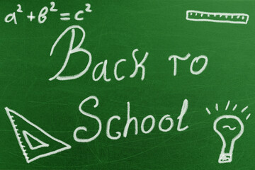 Green chalkboard with Back to School message and mathematical formula. The chalkboard features chalk drawings of a ruler, triangle and lightbulb