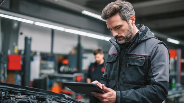 Mechanic's Technical Inspection: A focused mechanic utilizes a digital tablet to conduct a comprehensive inspection on a vehicle, demonstrating his commitment to precision and technical acumen.