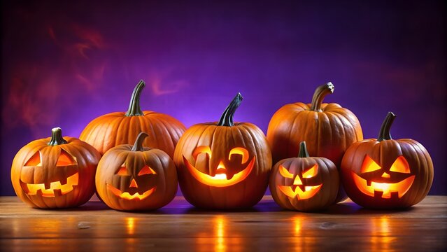 A group of carved halloween pumpkins with glowing faces are displayed on a wooden table against a dark, smoky purple background, creating a spooky and festive atmosphere