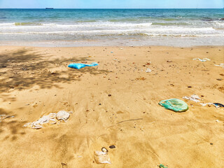 Garbage accumulation on the beach highlights environmental pollution in Phu Quoc, Vietnam
