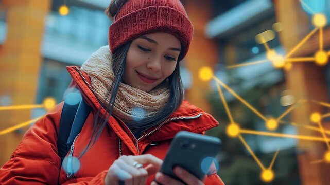 A content young woman smiles as she interacts with her smartphone, dressed warmly in a cozy environment that reflects a blend of technology and modern lifestyle.