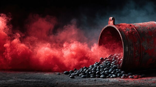 Red bucket of methyl bromide fumigant surrounds coffee beans in Cauca, Colombia