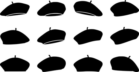 Set of black french beret hat silhouette vector flat illustration design