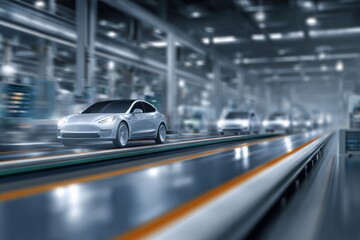 Fototapeta premium Machines on the conveyor, futuristic automotive factory. Generative AI