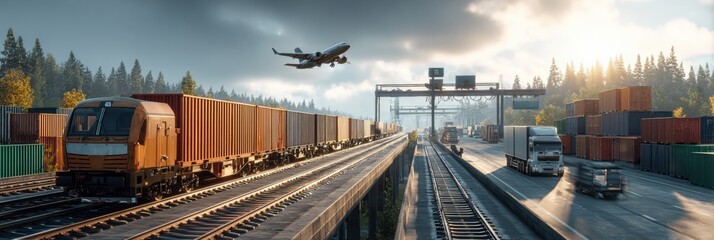 Multimodal transit center features a train, airplane, trucks, and shipping containers placed together, forming a logistic hub concept for a cohesive transportation infrastructure.