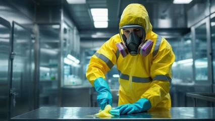 Worker in protective suit cleans a stainless steel surface