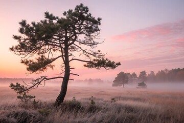 Obraz premium Serene Landscape at Sunrise with Solitary Pine Tree Amidst Misty Field and Colorful Sky