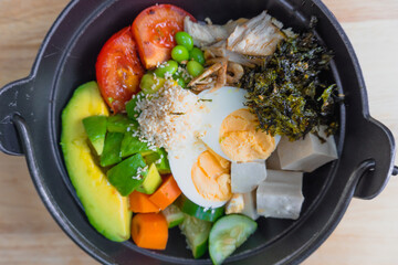Stir fried vegetables and chicken served as a healthy mixed meal