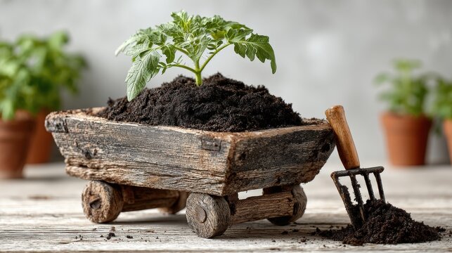 Rustic wooden wheelbarrow with organic compost and tomato plant seedling on studio floor