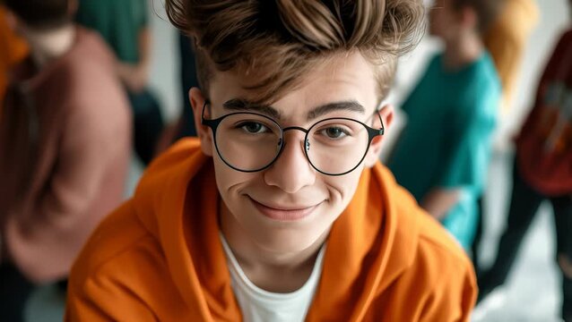 A cheerful teenager with stylish hair and glasses smiles confidently into the camera, surrounded by a group of friends showcasing camaraderie and youthful energy.