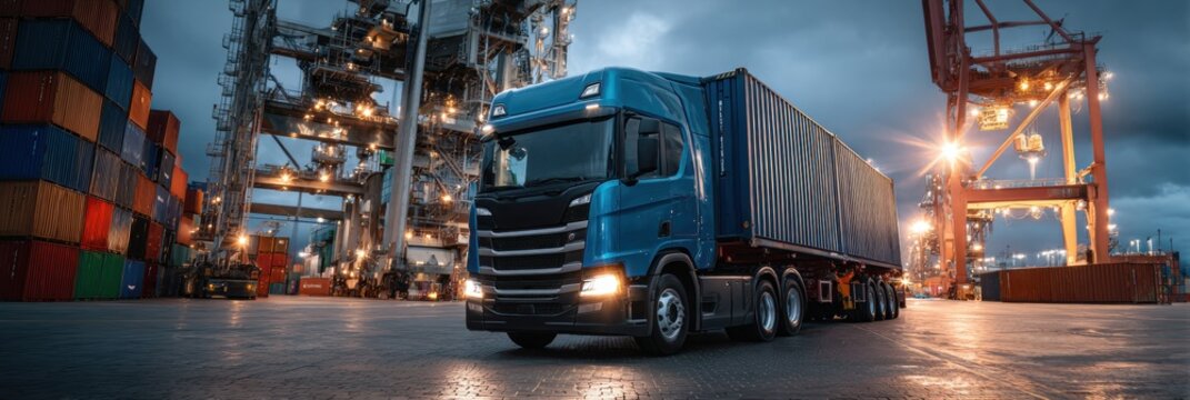 Blue cargo truck moves through a bustling shipping port at dusk, surrounded by tall stacks of containers and active cranes, depicting a vibrant scene of ongoing logistics activities.