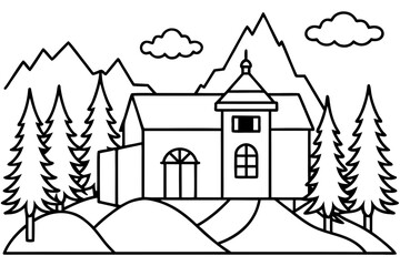 Fototapeta premium Rural Landscape with Mountains and House Coloring Page - Printable Nature Scene