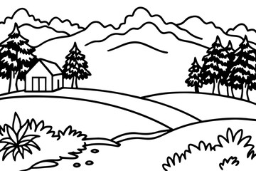  Rural Landscape with Mountains and House Coloring Page - Printable Nature Scene