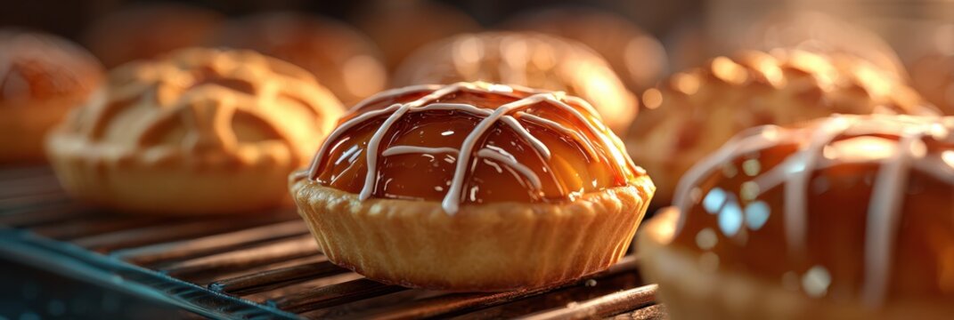 Freshly baked pastries cooling on a wire rack in a warm kitchen during the afternoon hours