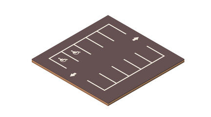 Isometric parking lot set. Empty asphalt surface with marked spaces and directional arrows. Transportation infrastructure components. Vector illustration isolated on white background