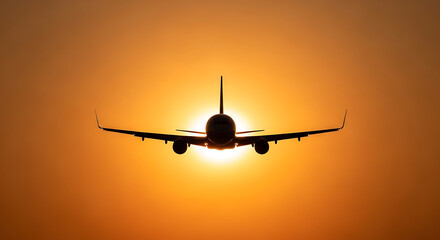 Airplane Silhouette at Sunset Low Angle View.