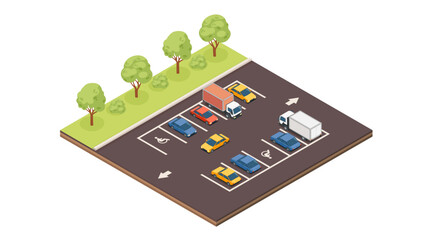 Isometric urban planning collection. Parking lot with marked spaces and colorful vehicles. Green trees along perimeter. Transportation infrastructure. Vector illustration isolated on white © Alfmaler