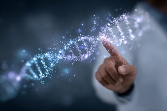 Doctor touching digital DNA. Generative AI - Powered by Adobe