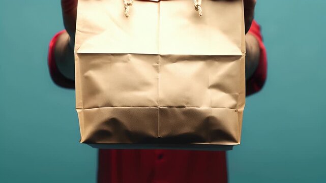 A stylish man wearing a vibrant shirt holds a brown paper bag, conveying a sense of anticipation and fashion, set against a lively colored background.