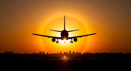 Airplane Silhouette Landing at Sunset Over City.