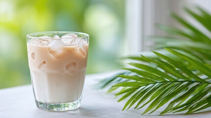 Refreshing Beverage in a Glass with Ice and a Touch of Nature: Perfect for Hot Days or Relaxing Moments Surrounded by Lush Greenery