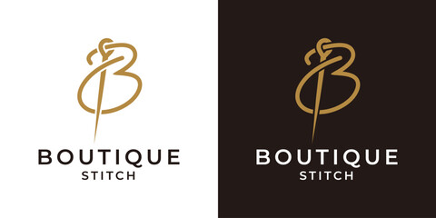 Letter B boutique stitch sewing needle luxury fashion clothing logo vector illustration template. Initial letter B sewing embroidery tailor textile  logo. Vector illustration.