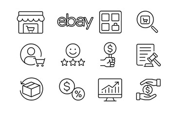 Online Marketplace Icons. Line style icons of online marketplaces: Amazon storefront, eBay symbol, Etsy product grid, marketplace