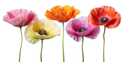 Fototapeta premium Colorful Poppies on White Background Showcasing Variety and Elegant Simplicity
