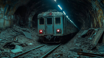 Obraz premium A train is in a tunnel with a dark and gloomy atmosphere