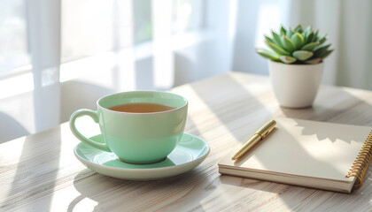 Obraz premium Minimalist Workspace with Teacup and Notebook in Soft Light