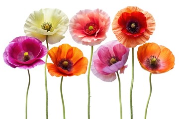 Fototapeta premium Colorful Arrangement of Opium Poppy Flowers on a Clean White Background