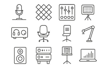 Podcast Studio Icons. Line style icons of podcast studio setup: mic desk, foam wall, mixer unit, headphone amp, studio chair, LED