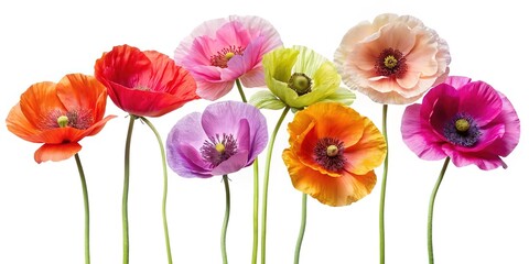 Fototapeta premium A vibrant collection of colorful poppy flowers in full bloom against white background