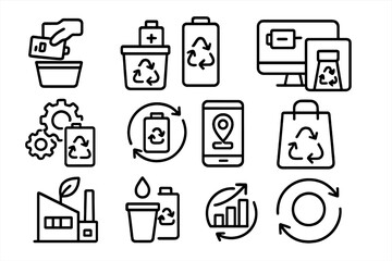 Eco-Friendly Battery Icons. Line style icons of battery recycling and sustainability: battery disposal icon, recycle station icon,
