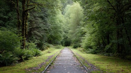 Naklejka premium Serene forest pathway surrounded by lush greenery and towering trees, inviting exploration and connection with nature's tranquility and beauty