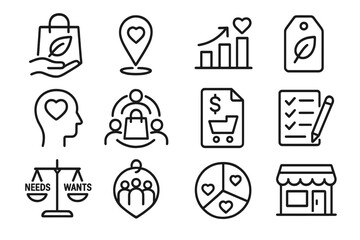 Values-Based Spending Icons. Line style icons of values-based spending: sustainability purchase icon, local support badge, ethical